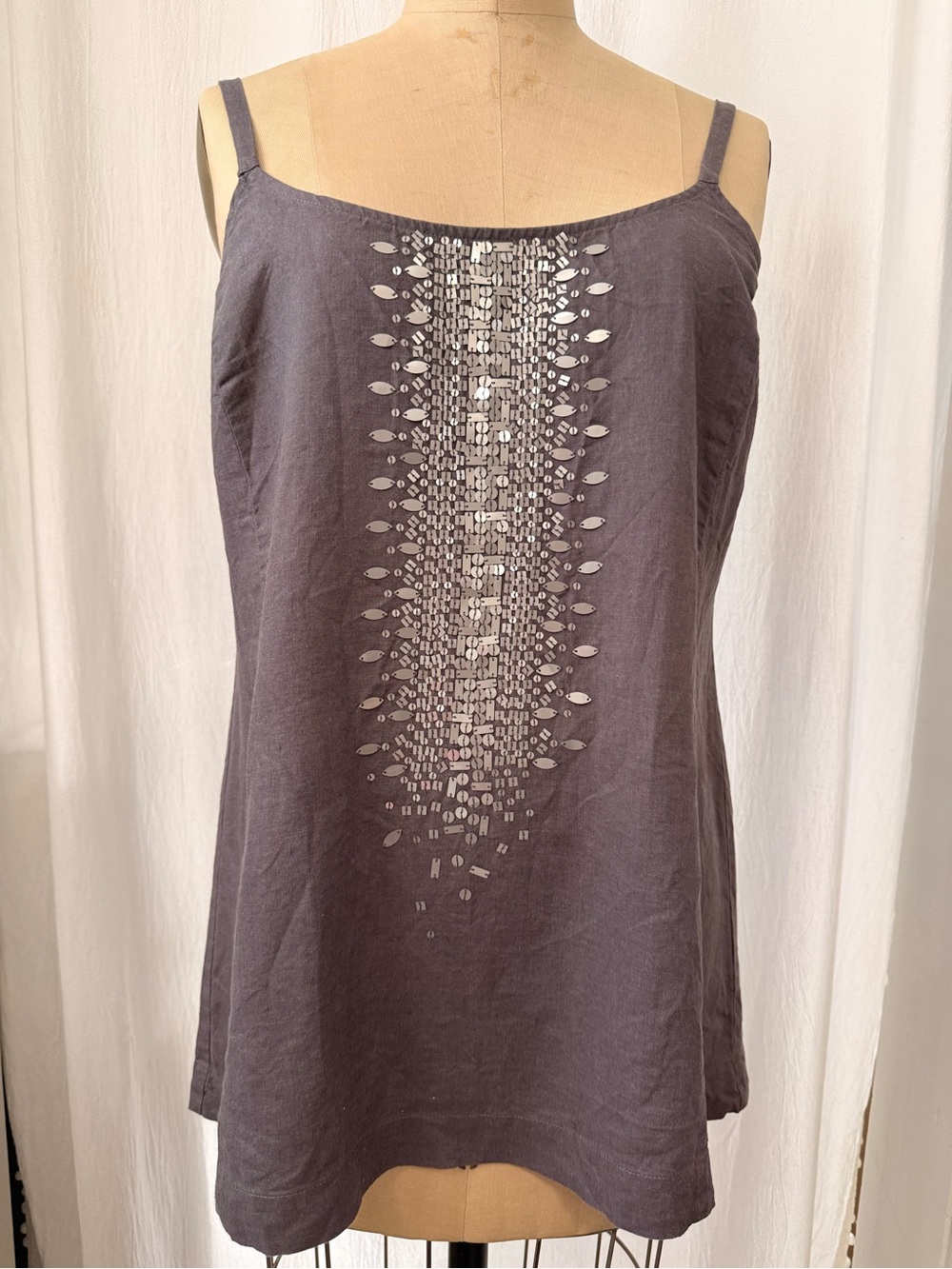Eileen Fisher, 100% Organic Linen, Tank with Silver Sequin Embellishments, sz S